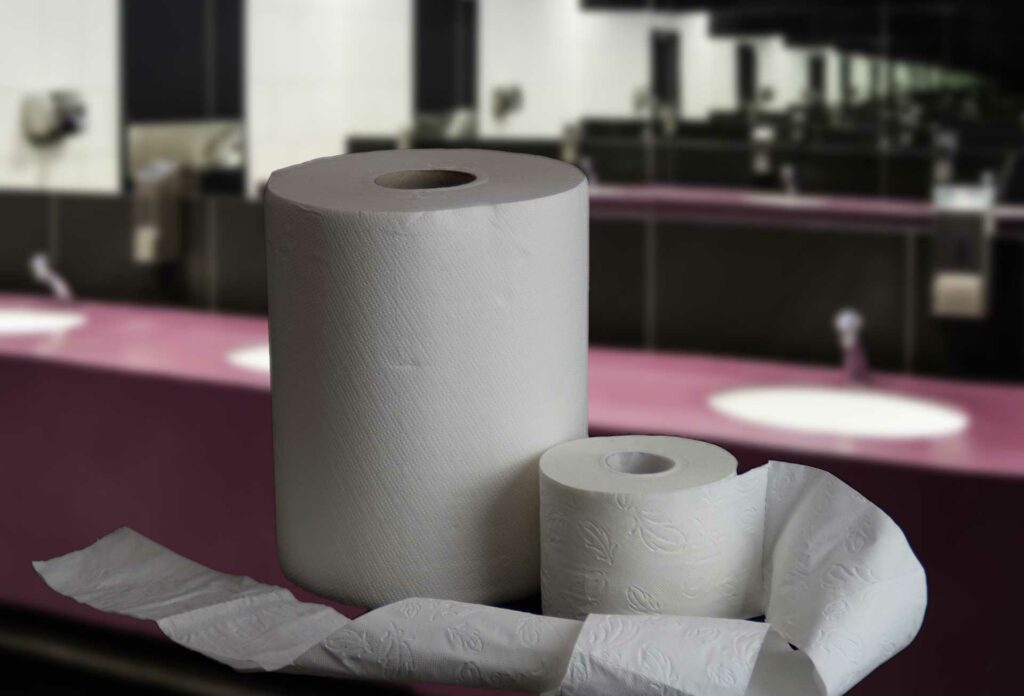 Paper products and supplies on a commercial office space lavatory counter.
