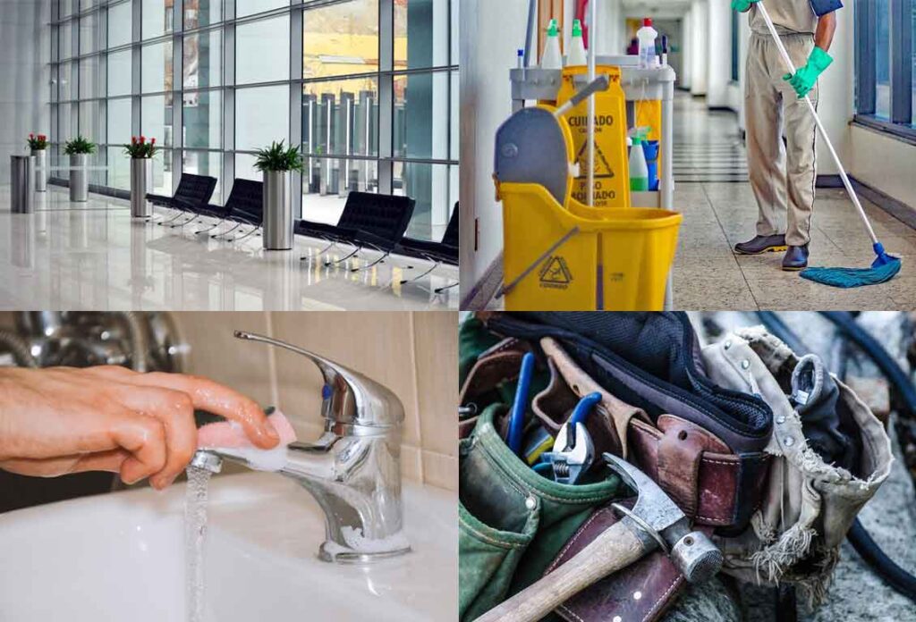 Image collage of AMTCS porter services including floor sweeping, mopping, general cleaning, restroom supplies, maintenance, and cleaning communal areas.
